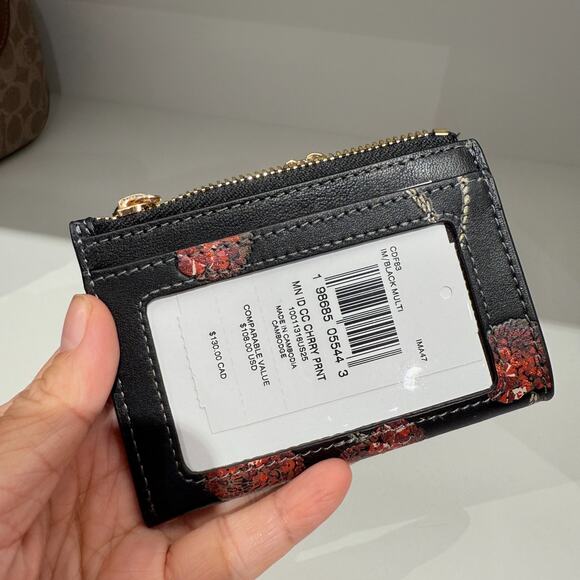 Coach Mini Skinny Id Case With Cherry Print CDF83 Gold/Black Multi - Picture 2 of 3